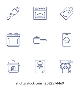 Cooking icons set. Thin Line style, editable stroke. board, cook, cooking, fish, gas stove, kitchen robot, oven, pot, recipe.
