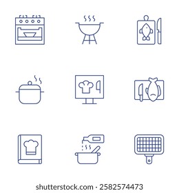 Cooking icons set. Thin Line style, editable stroke. barbecue, computer, cooking, cutting board, fish, grate, oven, pot, recipe book.