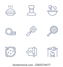 Cooking icons set. Thin Line style, editable stroke. apple pie, chef, clean dishes, cooker, cooking, egg, frying pan, grilled meat, pot.
