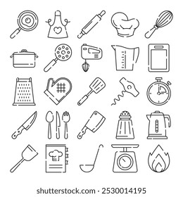 Cooking icons set vector isolated. Collection of simple line symbols of kitchen utensils. Spoon, cooking pot, timer and chef hat. Food preparation tools.