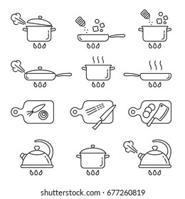 Cooking icons: thin monochrome icon set, black and white kit