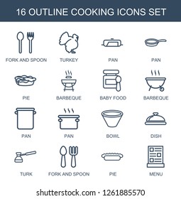 cooking icons. Trendy 16 cooking icons. Contain icons such as fork and spoon, turkey, pan, pie, barbeque, baby food, bowl, dish, turk, menu. cooking icon for web and mobile.