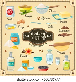 Cooking icons various baking ingredients for delicious pastry and necessary utensils flat isolated vector illustration