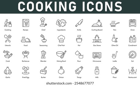 Cozinhar ícones ilustração vetorial com linha fina traço editável contém receita chef ingredientes pan forno utensílios azeite cozinheiro churrasco comer restaurante farinha leite manteiga derramar pote