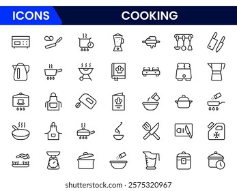 Cooking Icons vector illustration with thin line contains recipe, chef, ingredients, pan, oven, utensils, olive oil, cook, barbecue, eat, restaurant, flour, milk, butter, pour, pot 