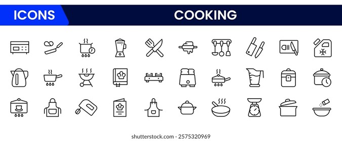 Cooking Icons vector illustration with thin line contains recipe, chef, ingredients, pan, oven, utensils, olive oil, cook, barbecue, eat, restaurant, flour, milk, butter, pour, pot 