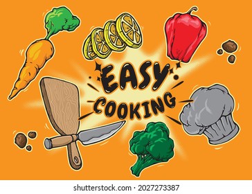 Cooking Illustration. Easy cooking vector poster design. illustration for advertising, event, kitchen classes, poster, street food festival, shop, or logo. Hand-drawn, Colorful, and easily editable