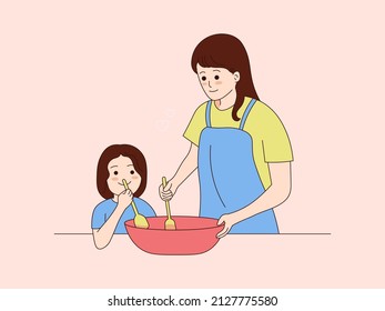 Cooking Illustration. Mother and Child Cooking Together