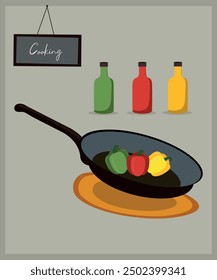 Cooking Illustration with Sausages and Bell Peppers at Frying Pan, Banner