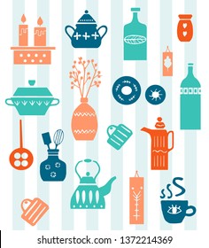 Cooking illustrations set. Kitchen utensil and appliance. Tableware in trendy style and color on a striped background. Food preparation. Scandinavian style items. Vector Illustration.