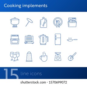 Cooking implements icons. Set of line icons. Frying pan, grater, stove. Culinary concept. Vector illustration can be used for topics like restaurant business, cooking