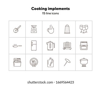 Cooking implements icons. Set of line icons. Frying pan, grater, stove. Culinary concept. Vector illustration can be used for topics like restaurant business, cooking