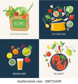 Cooking infographic. Menu cover vector designs. Flat style. Vector food. Soup, juice, shopping paper bag and fish infographic. 