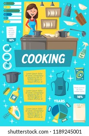 Cooking infographics, dishware and woman in apron near cooker. Household chore kitchen supplies. Housewife cooks food on stove in saucepan. Vector tableware or dishware mixer, rolling and grater