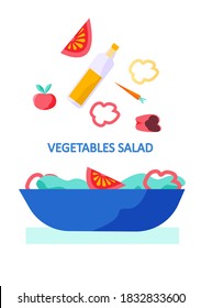 Cooking infographics. Let s make a vegetable salad with fresh tomatoes and bell peppers for dinner. Healthy wholesome food, vegetarian diet light meal. Plate with ingredients on white background