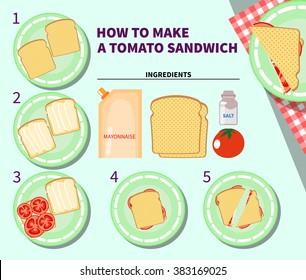 Cooking infographics. Step by step recipe infographic for making a tomato sandwich. Vector illustration