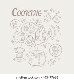 Cooking Ingredients And Attributes Set Vector Illustration In Trendy Sketch Style On White Background