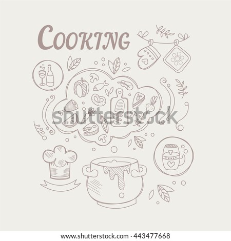 Cooking Ingredients And Attributes Set Vector Illustration In Trendy Sketch Style On White Background