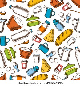 Cooking ingredients background for kitchen interior design with seamless retro pattern of eggs, cheese and breads, butter and sour cream, flour and sugar, bottles and jugs of milk