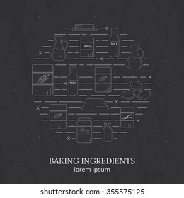 Cooking ingredients composed in circle shape. Butter, milk, soda, flour, oil, cream cheese, sugar, cocoa, vanilla, eggs, salt.