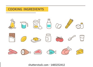 Cooking ingredients icons. Products and food symbols. Line style vector illustration isolated on white background.
