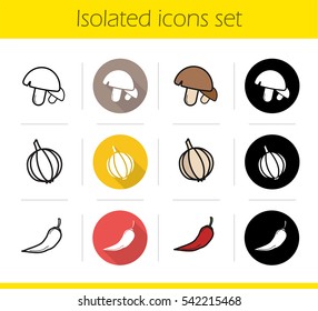 Cooking ingredients icons set. Flat design, linear, black and color styles. Mushrooms, garlic, red hot chili pepper. Isolated vector illustrations