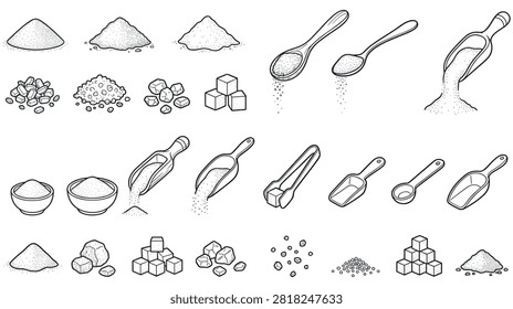 Cooking ingredients including piles of sugar cubes powder and granules. Kitchen utensils like spoons scoops and tongs for culinary design elements.