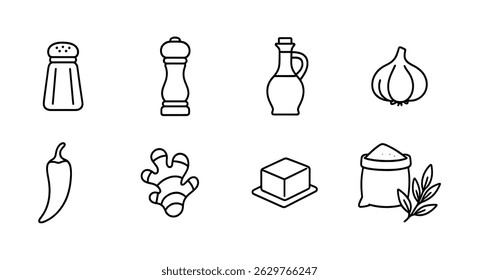 Cooking ingredients line icon set - flat spice, herb, and kitchen symbols
