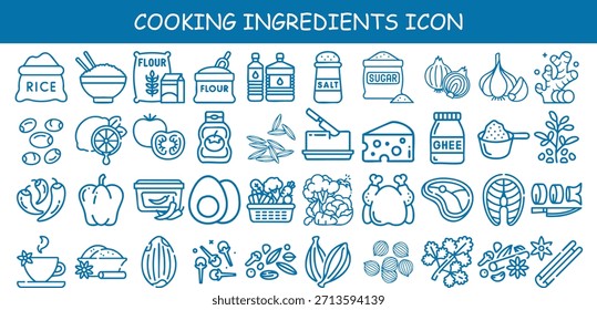 Ingredientes de cozinha conjunto de ícones lineares com elementos alimentares como arroz, especiarias, legumes, carne e ervas. Na moda, limpo e perfeito para design de receitas, marca de cozinha e projetos culinários.