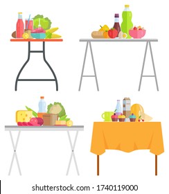 Cooking ingredients and snack, food and drinks tables isolated vectors. Vegetables and fruits, meat and cheese, cupcakes and bread, juice and milk