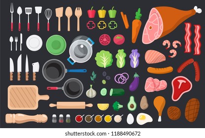 Cooking ingredients and tools vector set