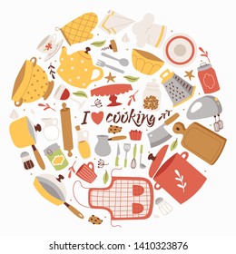 Cooking ingredients and utensils background vector illustration. Cartoon kitchen culinary tableware elements for cooking poster, banner, brochure. I love cooking. Apron, pan, pot, grater, bowl, mixer