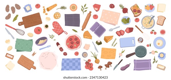 Cooking ingredients and utensils background vector illustration. Cartoon food, vegetables and meat, pizza and sausages. Kitchen culinary tableware elements for cooking, pan and bowl, mixer