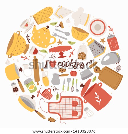 Cooking ingredients and utensils background vector illustration. Cartoon kitchen culinary tableware elements for cooking poster, banner, brochure. I love cooking. Apron, pan, pot, grater, bowl, mixer