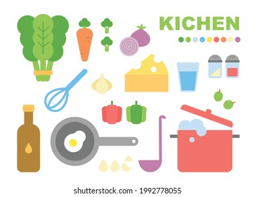 Cooking ingredients and cooking utensils in the kitchen. flat design style minimal vector illustration.