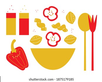 Cooking Ingredients For Your Design Vector. Pepper, Pasta, Spoon, Fork, Salt, Salad Bowl Cartoon Flat Illustration. Kitchen Print. Cover Menu. Pasta And Vegetables Still Life Abstract Illustration.