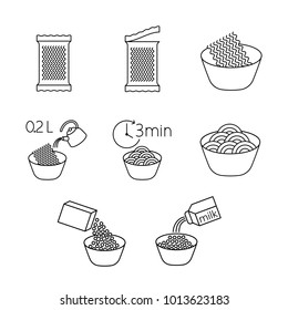 cooking instant noodle set thin line on white background