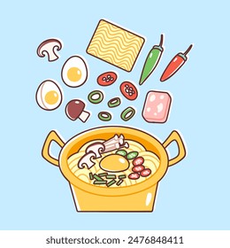 Cooking instant ramen in a golden pot. Vector illustration of ingredients for Asian noodles recipe. Chili, ham, scallions, eggs and mushrooms added to ramen. Colorful flat style.