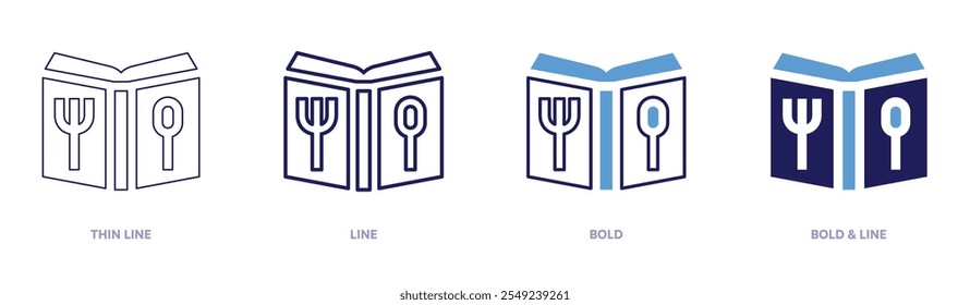 Cooking instruction book icon in 4 different styles. Thin Line, Line, Bold, and Bold Line. Duotone style. Editable stroke.