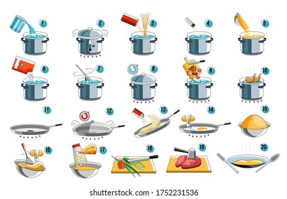 Cooking instruction. Cook icon guide for food menu design with kithcen symbol. Preparation instruction for boil and fry mix food from noodle and pasta to meat and vegetables. Cooking prepare step set.