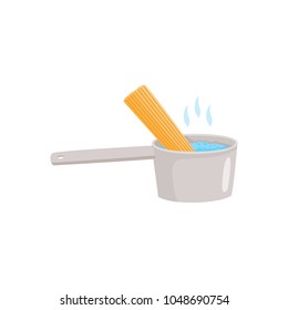 Cooking instruction of how to prepare instant noodle with boiling water in bowl and spaghetti isolated on white background. Step by step manual guide of preparation pasta. Flat vector illustration.