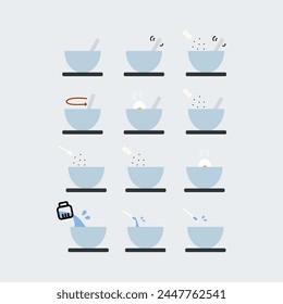 Cooking instruction icon set. Sprinkling ingredients, spices in bowl. Salting food and stirring with spoon. Food prepare, recipe concept. Flat vector design isolated illustration.