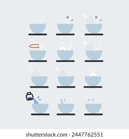 Cooking instruction icon set. Sprinkling ingredients, spices in bowl. Salting food and stirring with whisk. Food prepare, recipe concept. Flat vector design isolated illustration.