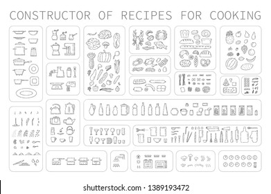 Cooking instruction icons of different food utensils and appliances for kitchen. Step guide constructor set line art vector black white isolated illustration.