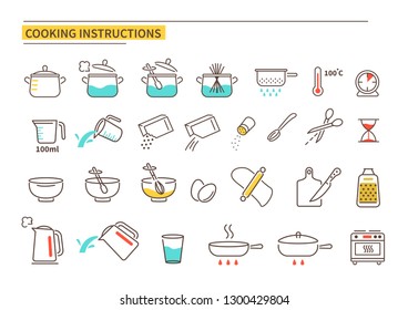 
Cooking instruction icons. Line style vector illustration isolated on white background.