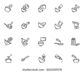 Iconos de línea de instrucciones de cocina establecidos. paquete de signos de esquema de colección de símbolos de estilo lineal. Gráficos vectoriales de preparación de alimentos. El juego incluye iconos como mezcla, vertido, corte de verduras, adición de huevo y sal