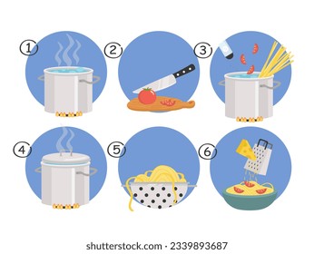 Juego de instrucciones de cocina. Cortar tomates, hervir verduras. Infografía y materiales educativos. Spaghetti y preparación de pasta. Colección vectorial plana de dibujos animados aislada en fondo blanco