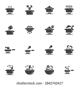 Juego de iconos vectoriales de instrucción de cocina, preparación de alimentos colección moderna de símbolos sólidos, paquete de pictogramas estilo relleno. Señales, ilustración del logotipo. El juego incluye iconos como olla hirviendo en estufa de gas, sartén