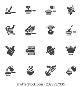 Juego de iconos vectoriales de instrucción de cocina, colección moderna de símbolos sólidos, paquete de pictogramas estilo relleno. Señales, ilustración del logotipo. El juego incluye iconos como preparación de alimentos, sartén de huevo, corte de verduras