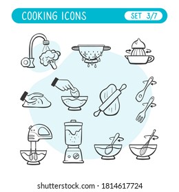 Cooking instructions icon set. Very useful to explain cooking recipes. Doodle style. Third part of seven images full collection.